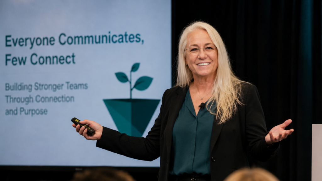 Servant leadership speaker, Michelle Masters, delivering a servant leadership keynote presentation on communication and high-performing teams using on "Everyone Communicates, Few Connect" by John C Maxwell.