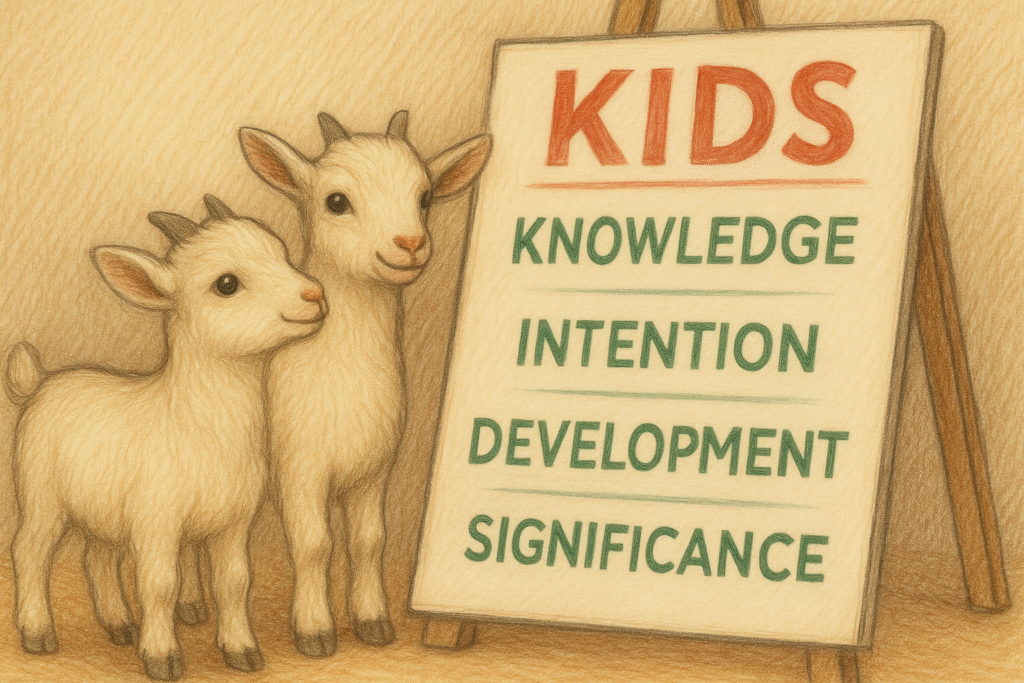 KIDS Leader Framework image showing two baby goats next to a sign of the KIDS acronym: Knowledge, Intention, Development, Significance